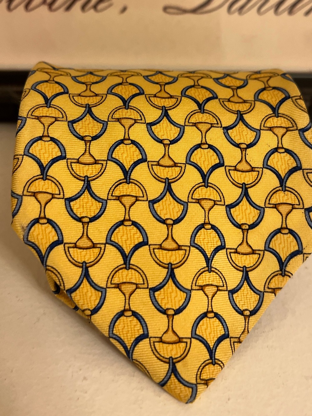Cyrillus Paris Silk Tie Gold Navy Equestrian Bit Print Made in France